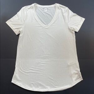 Athleta White V-Neck Short Sleeve Tee Shirt Sz M Soft Stretch Women’s